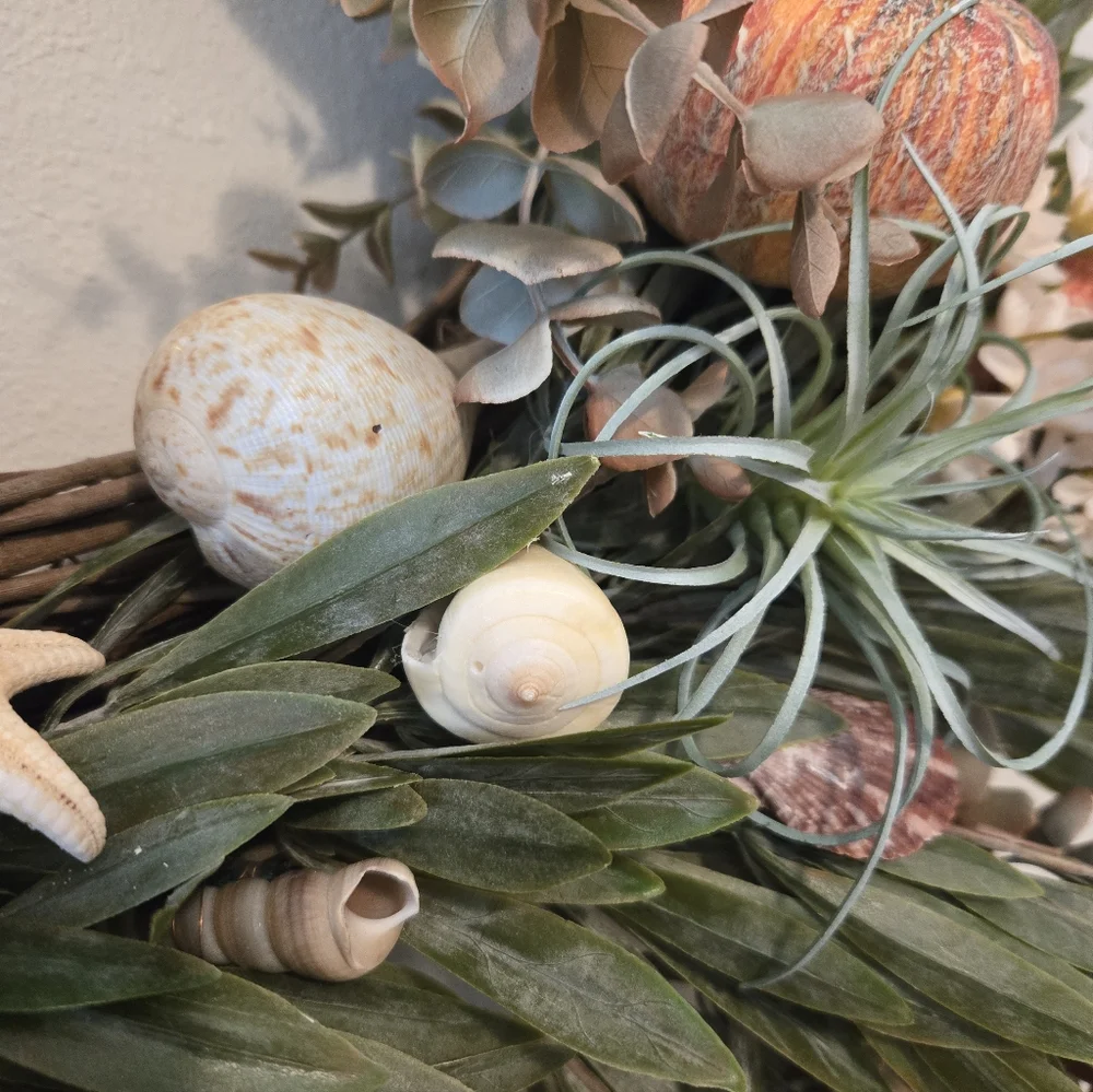 Autumn Coastal Welcome Wreath with Pumpkins, Shells, and Greenery